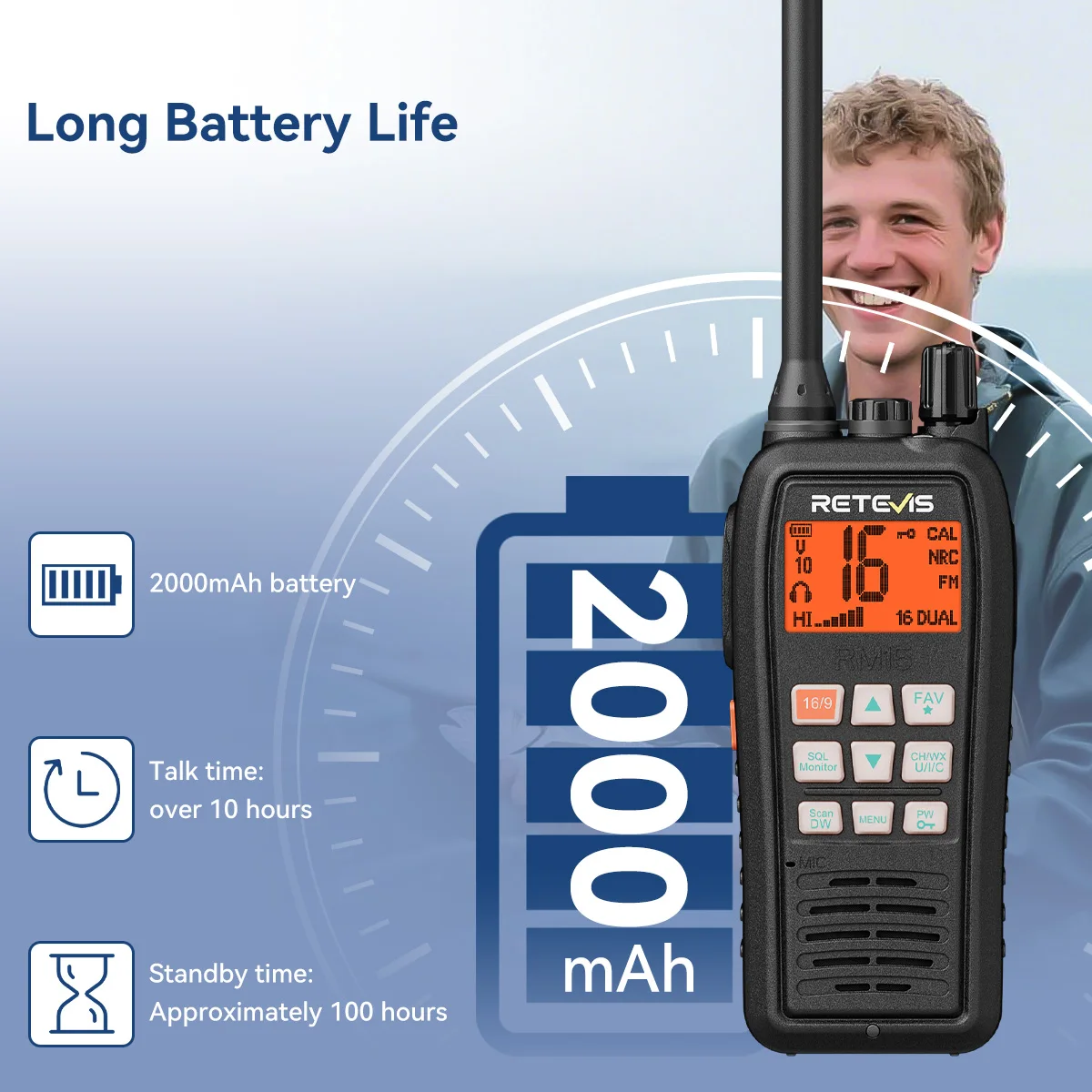 Retevis RM15 IP68-wasserdichtes schwimmfähiges Marinefunkgerät, tragbarer Funktransceiver mit großer Reichweite als Walkie-Talkie für Boots- und Kajakfahrten – Detail 10