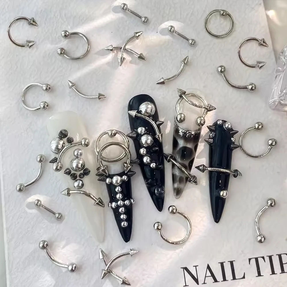 10Pcs Mixed Punk Rivet Nail Charm 3D Silver  Retro Circle Piercing Alloy Studs Nail Nail Jewelry Y2k Perforated Arrow Curved Dec