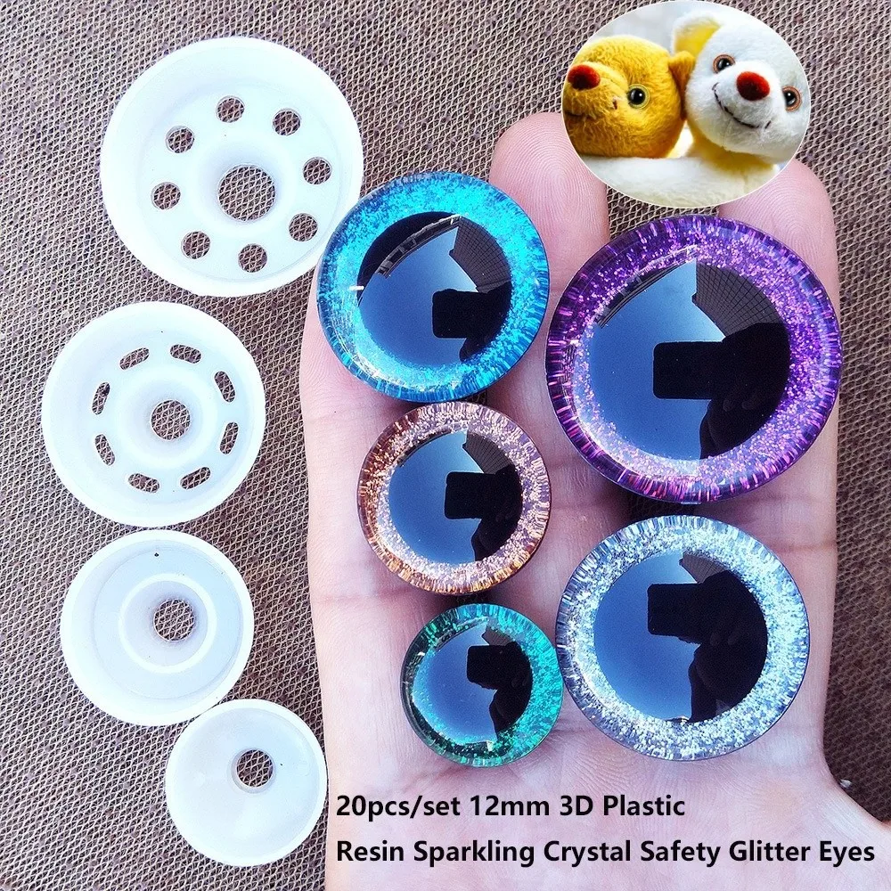 20pcs/set 12mm 3D Sparkling Crystal Cat's Eyes Plastic Resin With Flash Pad Safety Glitter Eyes Crafts 8 Colors Parts