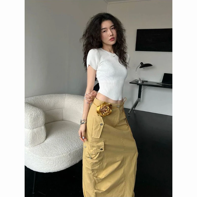 

2025 Summer Retro High Waist A-shaped Long Dress Women's Design Sense Tooling Skirt (excluding Belt)