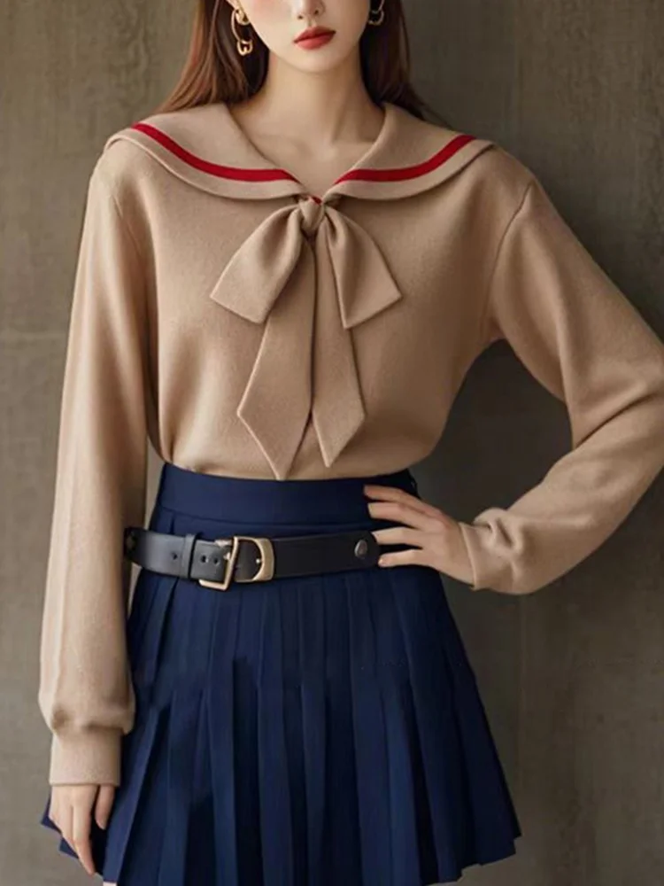 

Женский вязаный свитер Ele Long Sve с темно-синим воротником, базовый слой, облегающий, модный, осенний, удобный трикотаж