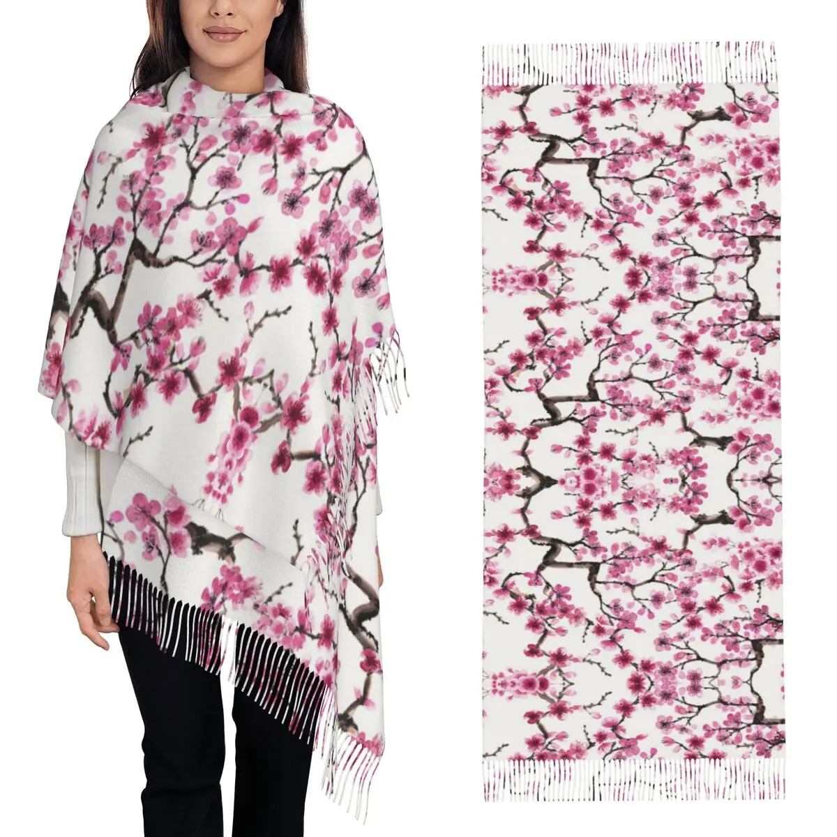 

Сакура, японский шарф с вишневым цветом, шарфы с кисточками для женщин, мягкие теплые шали и накидки, длинная осенне-зимняя шаль
