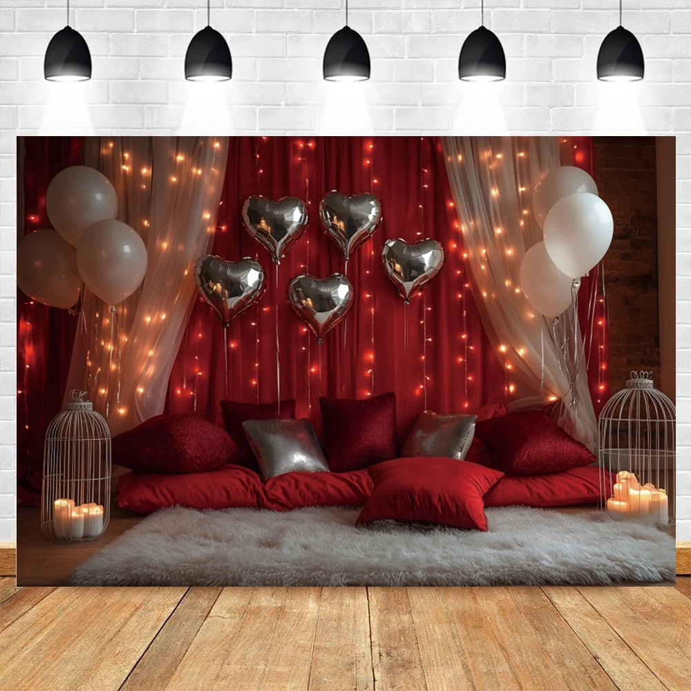 February 14th Valentine's Day Photography Backdrop Golden Glitter Indoor White Curtain Red Love Heart Couple Portrait Background