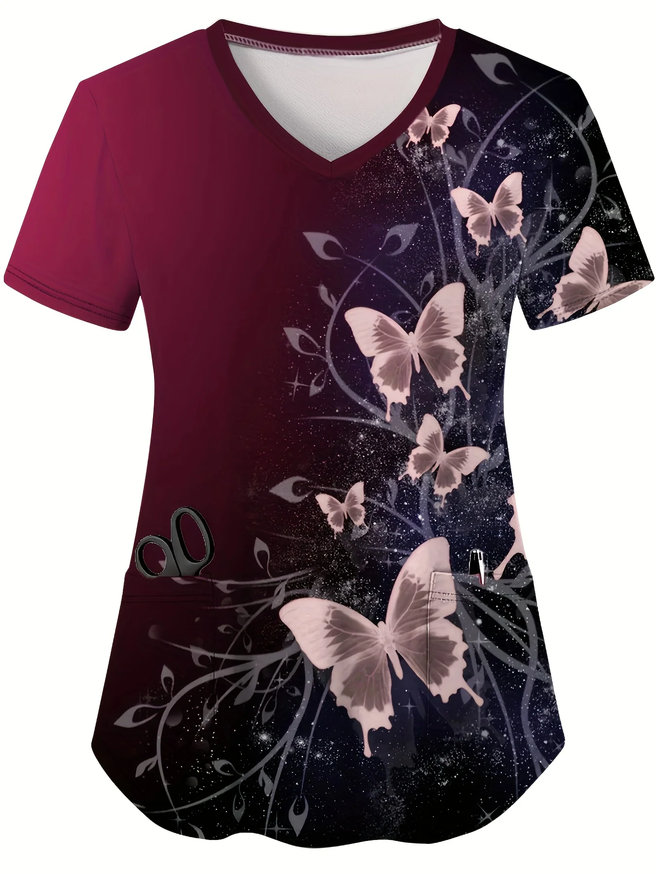 Fashion butterfly Nurse Uniform Short-Sleeve Shirt Commuting Work V-Neck Top Short Sleeves Women Clothing Pocket Women's T-Shirt