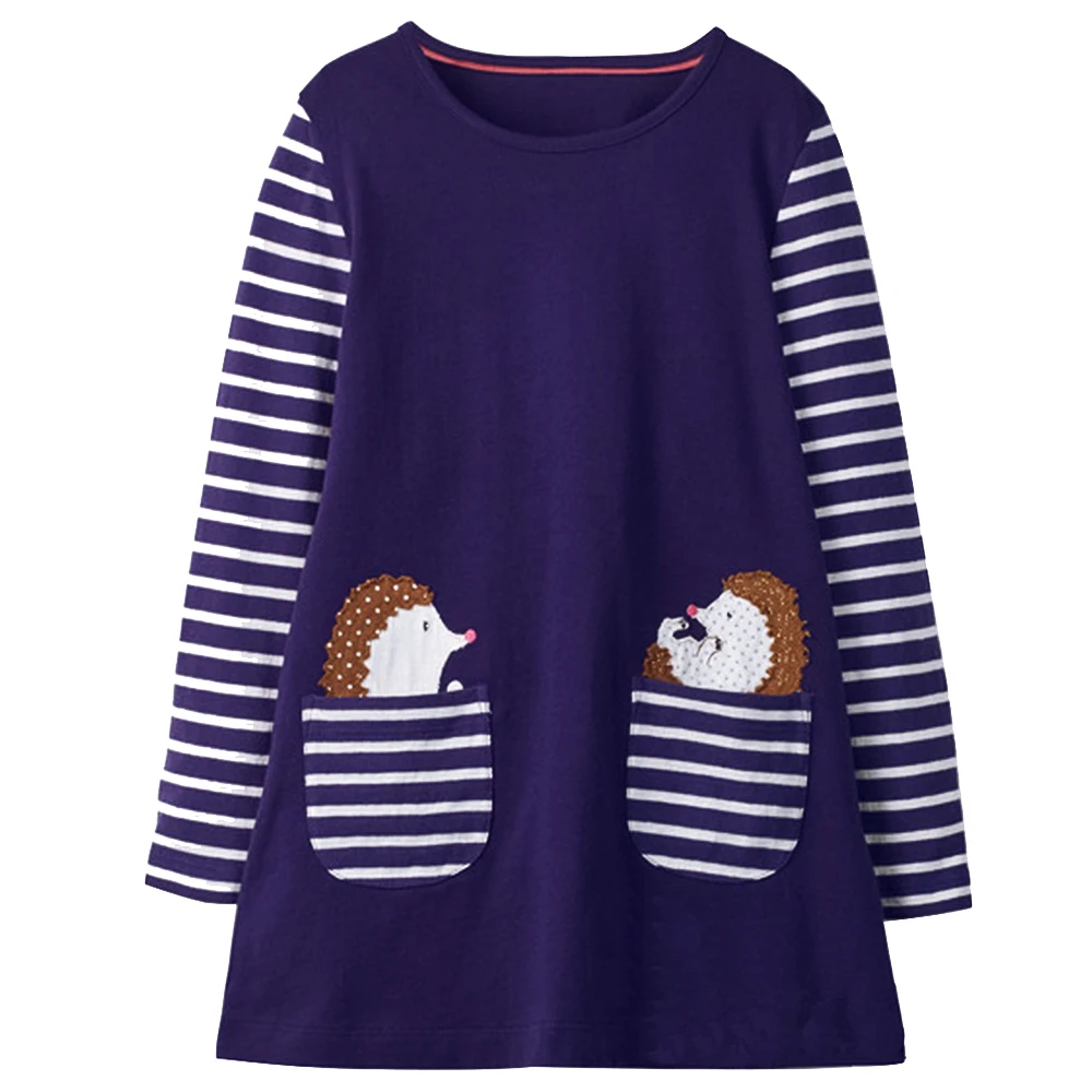 DXTON Baby Girls Dresses Autumn Winter Long Sleeve Kids Dress Kangaroo Cartoon Children Dress With Pocket Stripe Casual Clothing