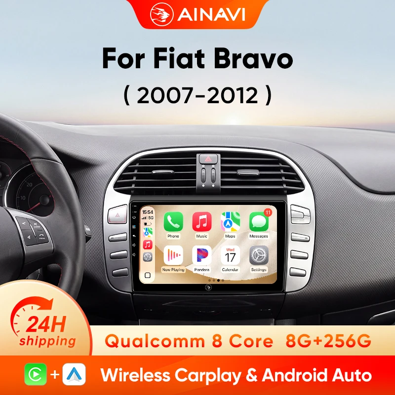 Autoradio AINAVI per Fiat Bravo 2007 2008 2009 2010 2011 2012, con Carplay wireless, Android Auto, lettore multimediale per auto, stereo 2 Din, 4G