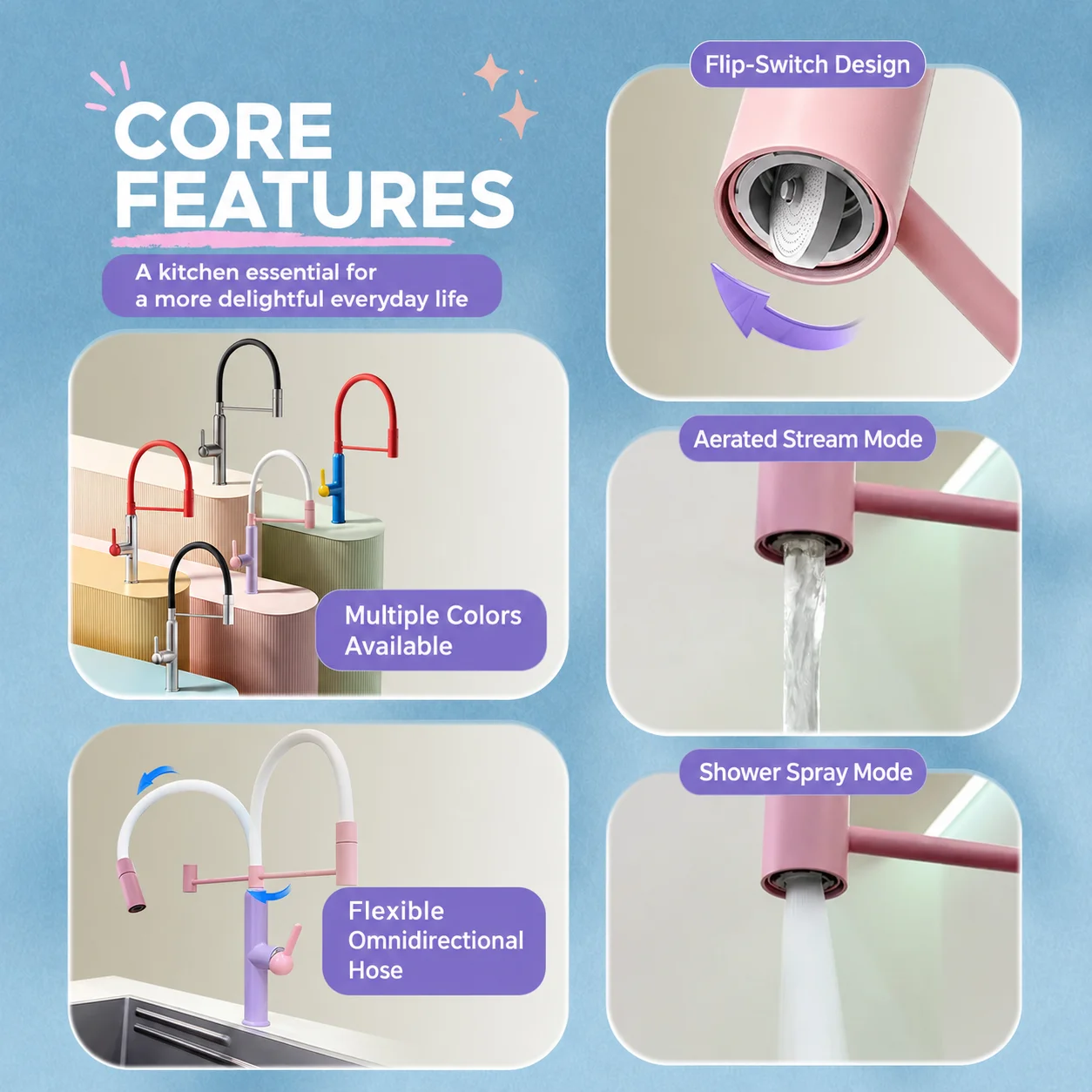 Dopamine Flexible Silicone Kitchen Faucet 360 Swivel Flip Switch Dual Spray Hot Cold Water Sink Mixer Tap Crane