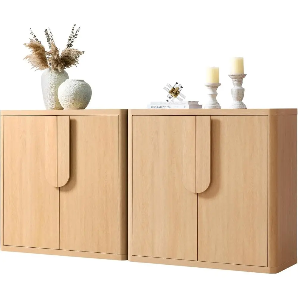 

69 Natural Oak Sideboard with Curved Handles, Storage, and Adjustable Shelves for Dining or Living Spaces