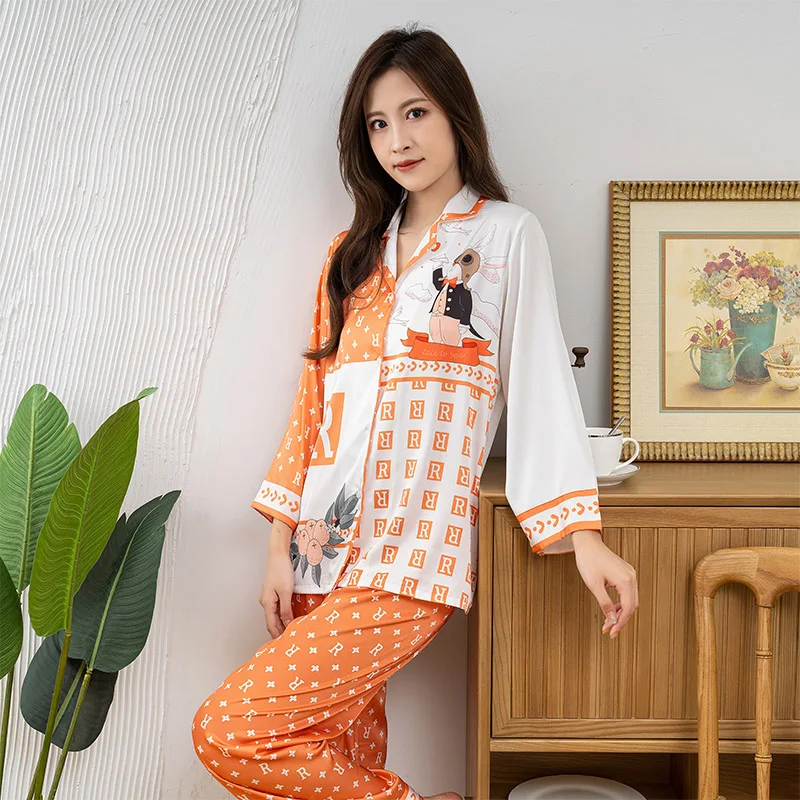 

Fashion Pajamas Suit For Women Spring New Chiffon Fabric Home Clothes Orange Trendy Long-sleeved Nightwear Lady's Sleepwear Sets