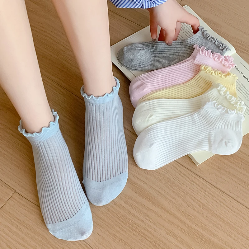 Socks For Women Summer New Plain Casual Daily Sweet Ruffle Socks Thin Breathable Hollow Out Fashion Frilly Female Short Socks