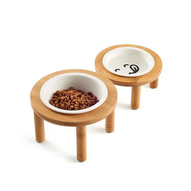 Suporte para Tigelas de Gato e Cachorro, Tigelas de Cerâmica para Água e Comida, Tigelas Elevadas de Bambu para Pequenos Animais de Estimação