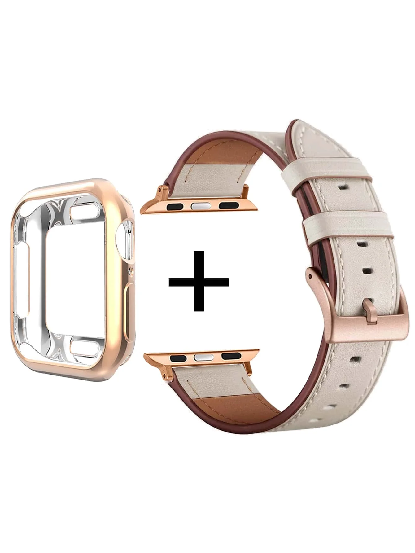 2 pieces rose gold watch screen integrated protective case apricot leather strap suitable for Apple ses987654321 series