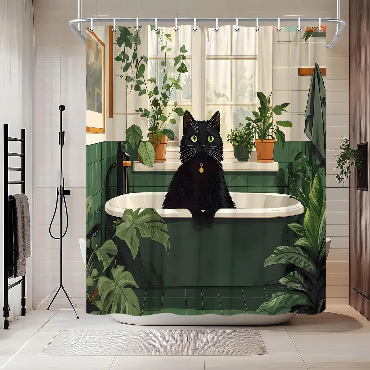 

Забавная занавеска для душа с черным котом, зеленые листья, растение, винтажный котенок в горшке, фермерский дом, деревенское животное, весна, тропический котенок, домашнее животное, природа