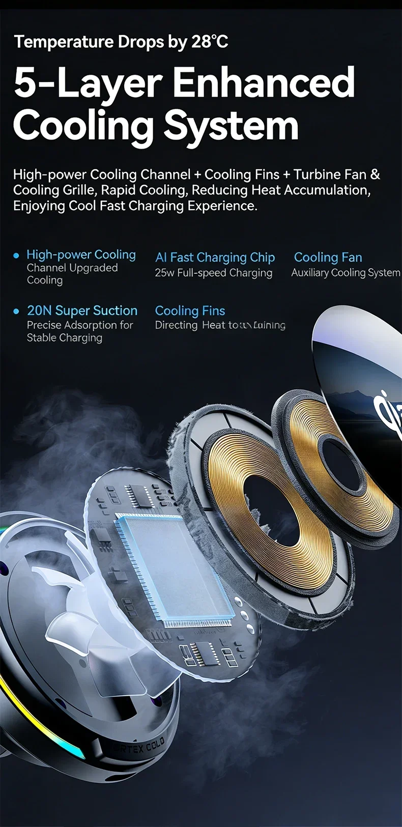 Qi2 25W Kühlendes Magnetisches Auto-Drahtlos-Ladegerät mit RGB-Licht 360° ° Drehständer für Magsafe iPhone 17 Pro Max Samsung S26 Ultra – Detail 11