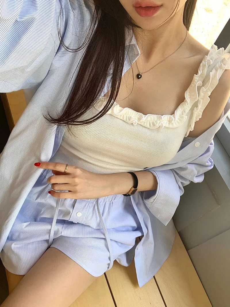 Gestreiftes Irt-Oberteil für Damen mit Kordelzug, lockeres Patchwork-Set mit weitem Bein und Hose aus Baumwolle, Sommerfaion