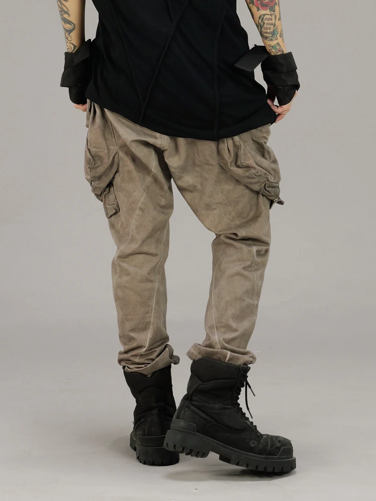 High Street Pioneer Wasteland Sand Dune Functional Tie Dye Distressed Multi Pocket Shell Pants Men's Workwear Casual Pants