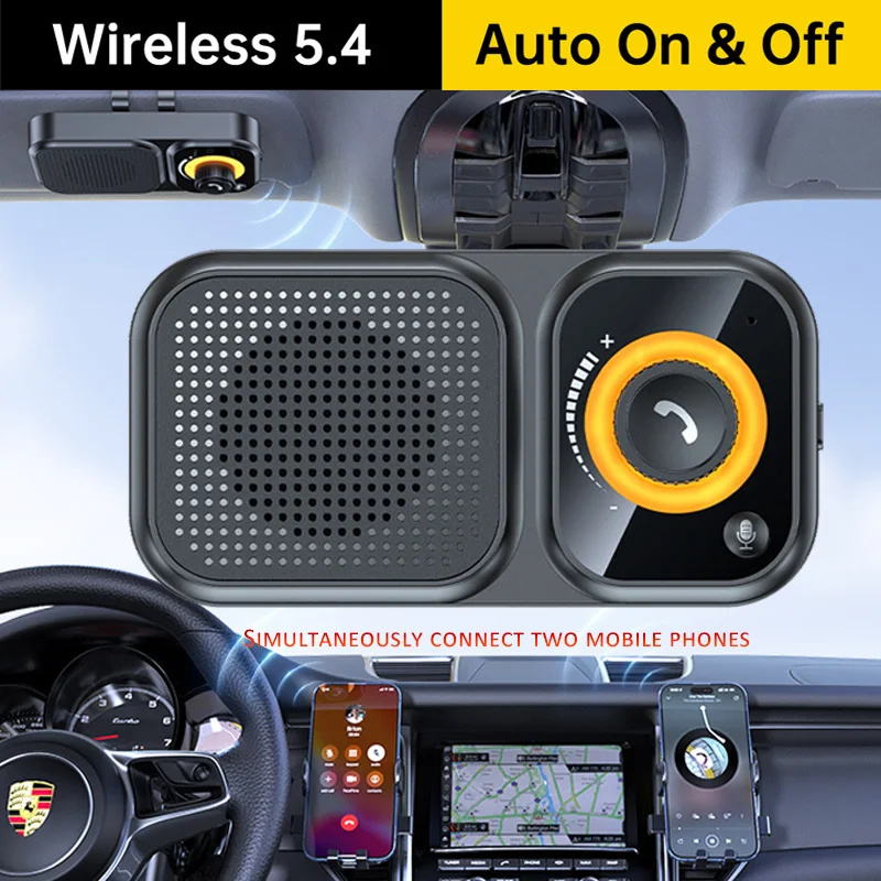 Sun Visor Clip Car Bluetooth 5.4 Speaker Wireless Handsfree Car Kit Speakerphone Stereo Music Player Support Siri Long Standby