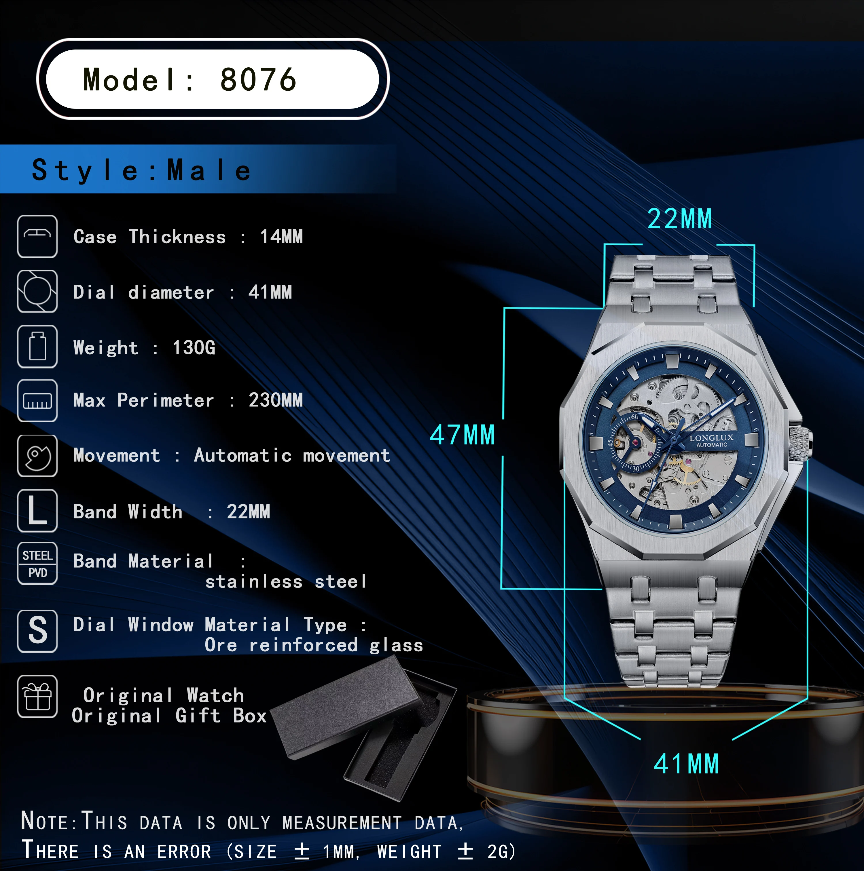 Reloj Automático LONGLUX para hombre, relojes mecánicos de lujo, esqueleto resistente al agua, moda de negocios, venta al por mayor, reloj de regalo de acero inoxidable