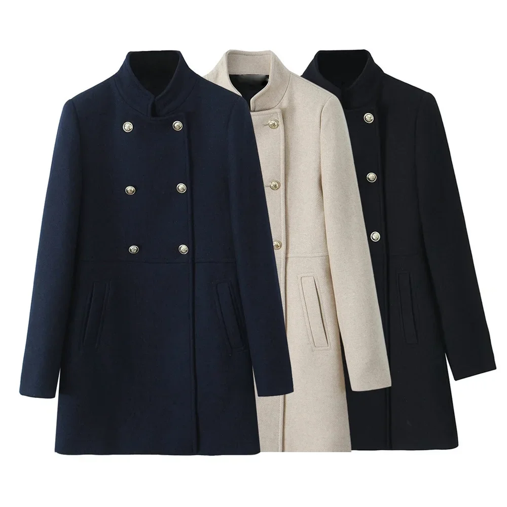 

Autumn Winter New Gold Button Up Stand Up Collar Women Solid Color Coat Female Double Breasted Jacket