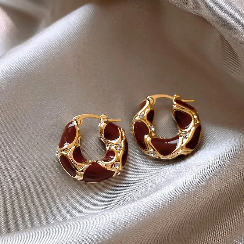 Advanced Design Coffee Colored Enamel Inlaid Zircon Metal Hoop Earrings An Unusual Accessory for Women in 2024 Luxurious Jewelry