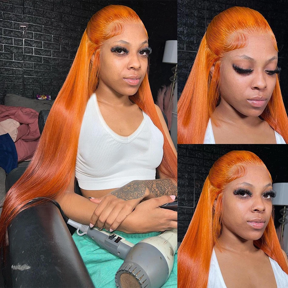 Perruque Lace Front Wig sans colle naturelle, cheveux lisses, orange, 13x4, 13x6, HD, 4x4, pour femmes