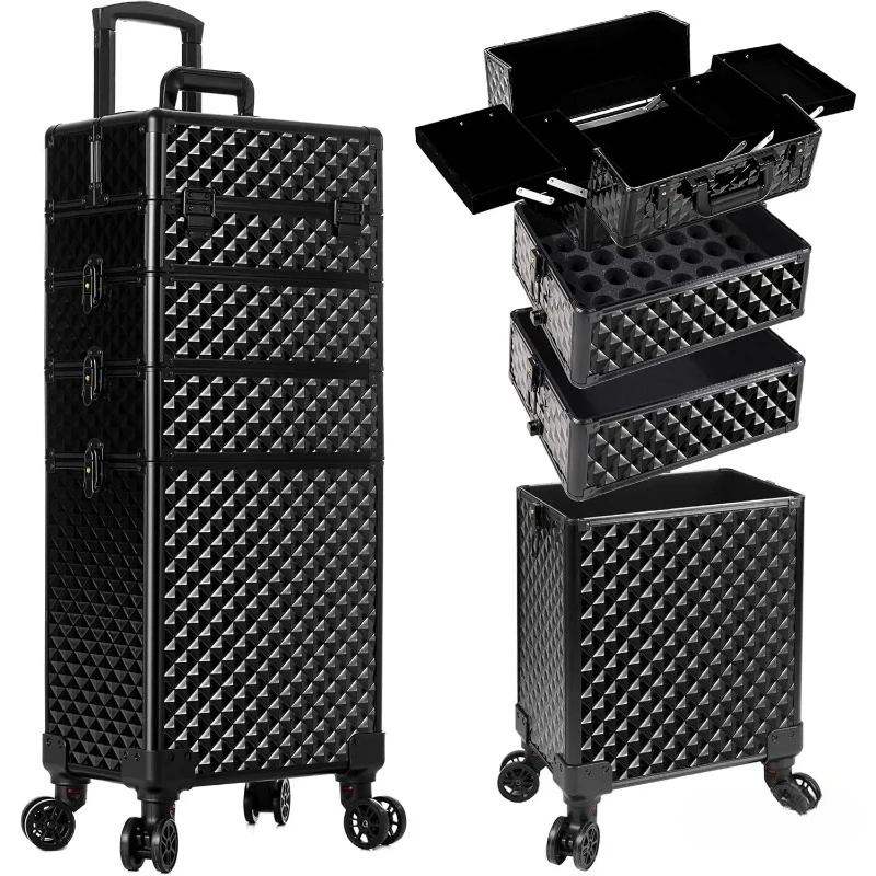 Rolling Makeup Train Case 4 in 1 Cosmetology Case on Wheels Large Storage Cosmetic Trolley with Key Salon Barber Case