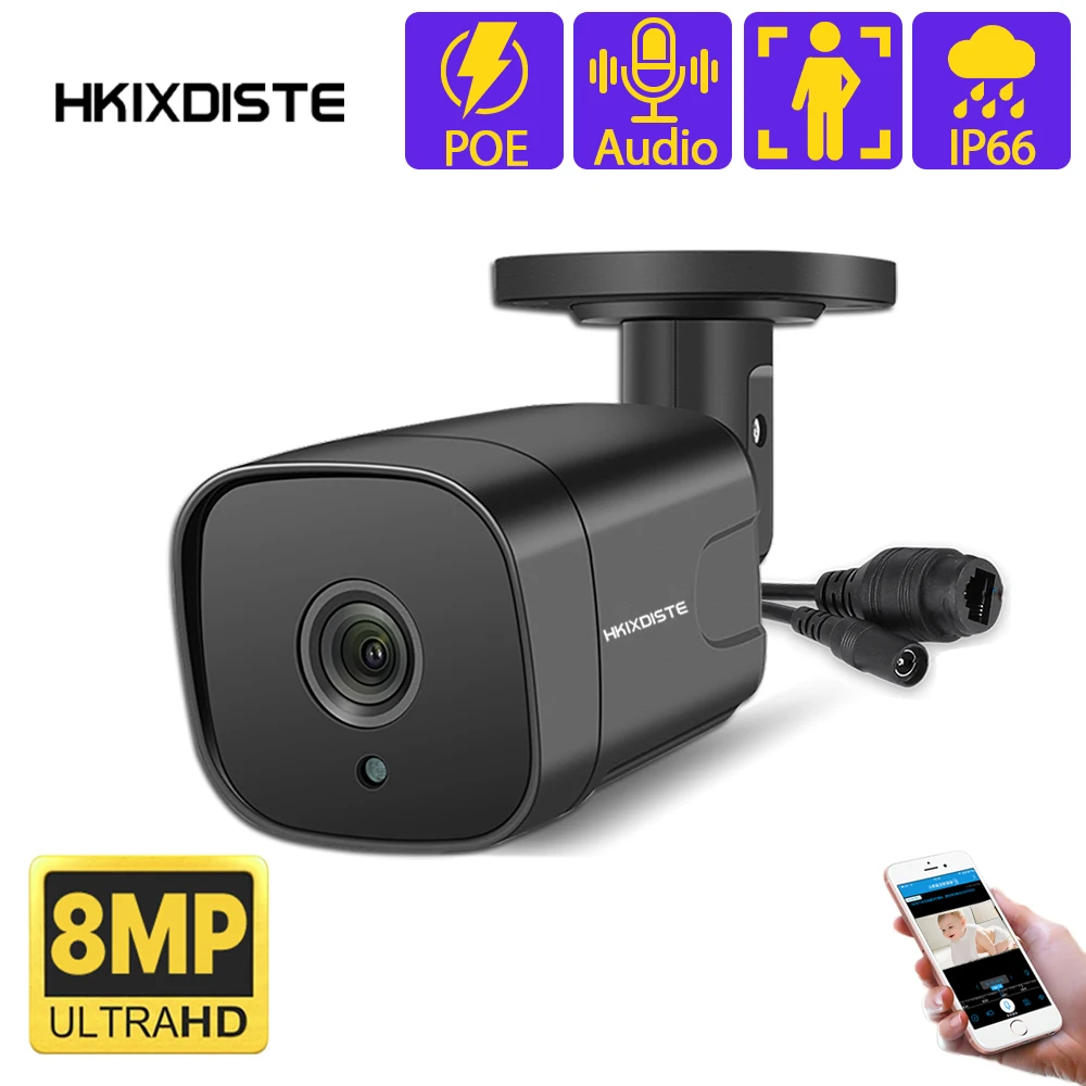 

4K PoE IP Home Cctv Security Camera 8MP Outdoor Human Detection H.265+ Built-in Microphone IP66 Waterproof Metal Bullet Camera