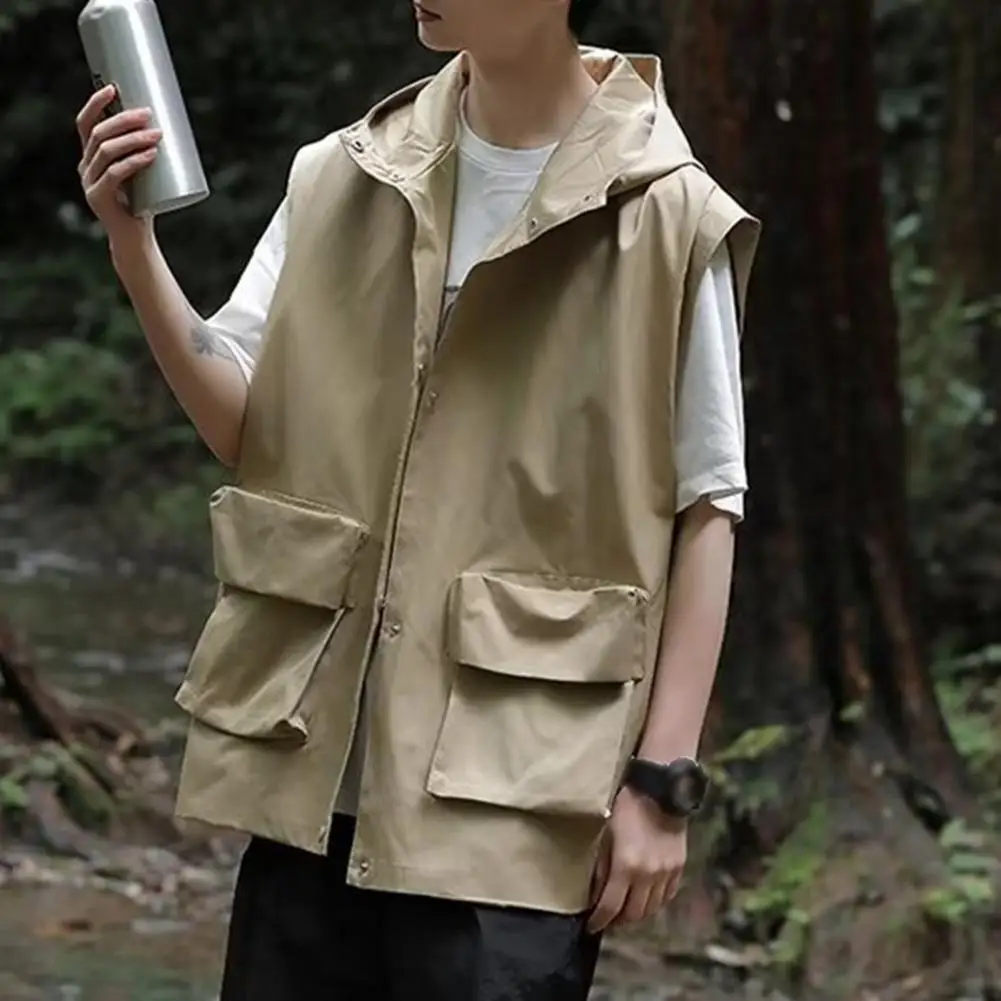 

Cargo Waistcoat with Hood Sleeveless Zipper Placket Solid Color Vest Coat with Pockets Loose Fit Solid Color Waistcoat