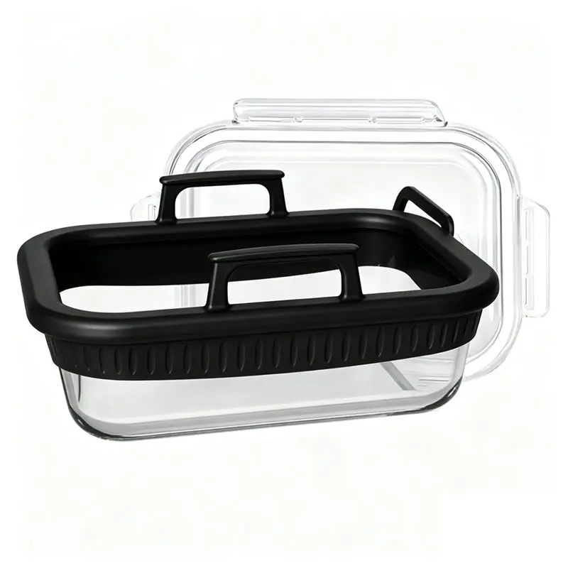 ABUG-Glass Air Fryer Baking Tray (With Silicone Rim And Anti-Scald Handles) - For Ninja AF400, AF500, SL400