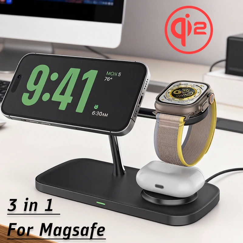 

Magnetic qi2 15W Wireless Charger Station for iPhone 17~12 Pro Max Apple Watch 11 10 9 Airpods 4/3 Pro 3/2 Fast Charging Stand