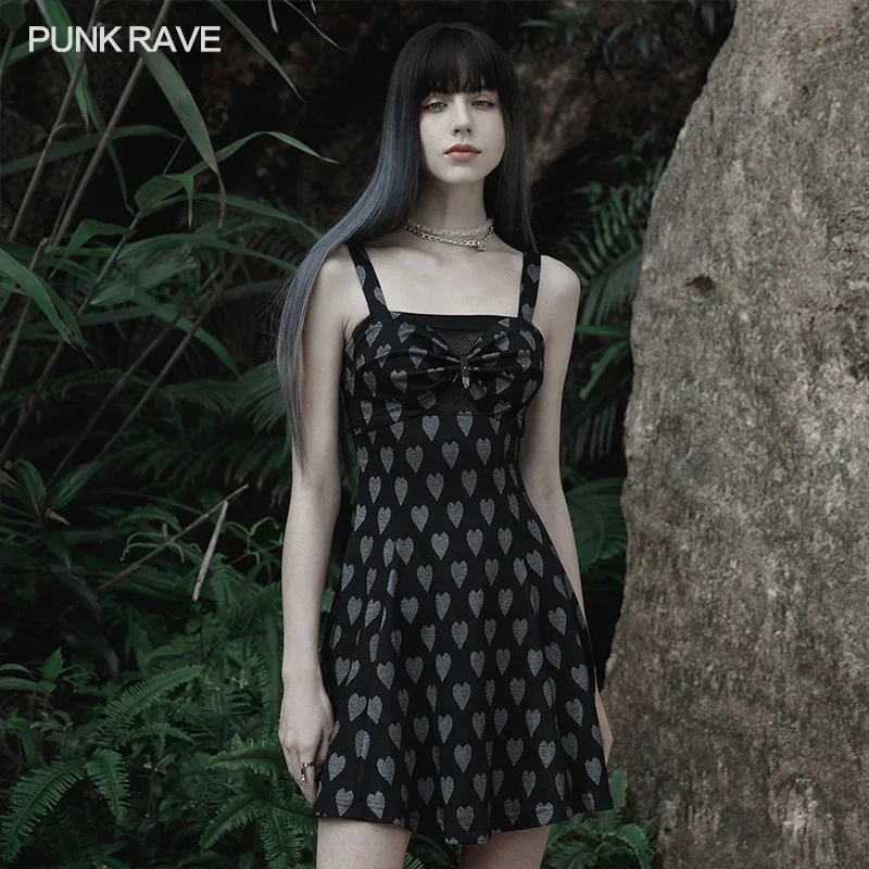 PUNK RAVE Women's Sexy Love Pattern A-shaped Jacquard Suspender Dress Playful Lovely Girl Mini Dresses Summer