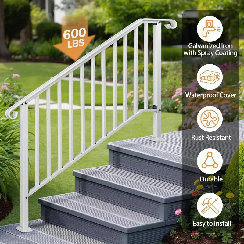 Outdoor step handrails, forged iron handrails suitable for 4 or 5 steps, transition handrails with installation kits (white)