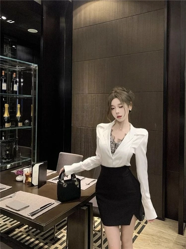 

Autumn New Arrival Women's Mature Style Set High Waist Slim Fit Lace Patchwork V Neck Long Sleeve Shirt Black Short Skirt