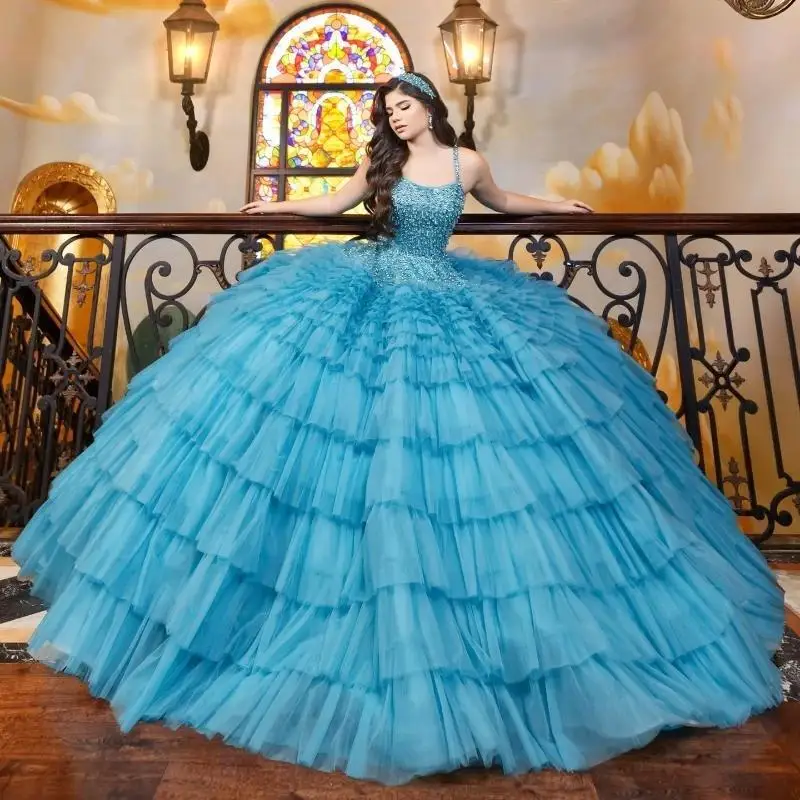 

Sky Blue Quinceanera Dresses Spaghetti Straps Sweet 16 Dress Beads Crystal Tull Tiered Princess Ball Gown Gala Vestido De 15Anos