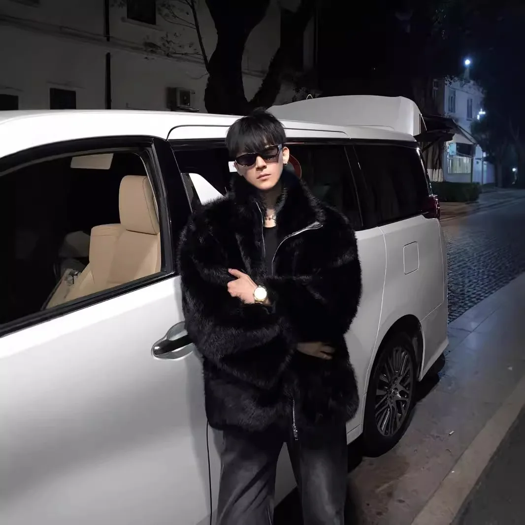 

2024 Fashion Warm Black Fur Coat Men's Winter Thick Cold Resistant Fur Casaul Jacket Trendy