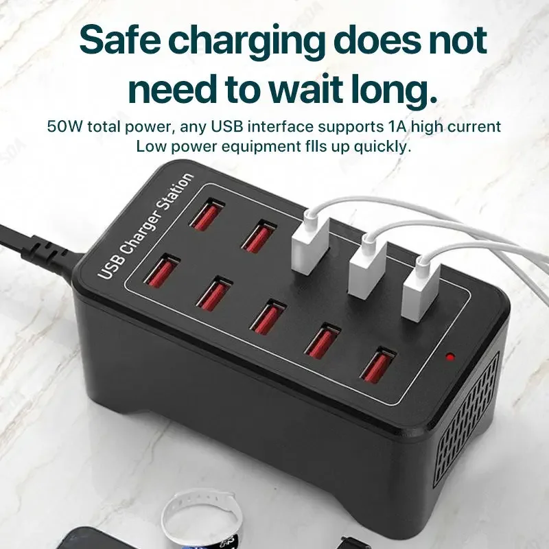 PSDA Multi Port USB Hub Charger Station 10 Port 50W Universal Wall Desktop Fast Charging Station Dock for Mobile Phone Power