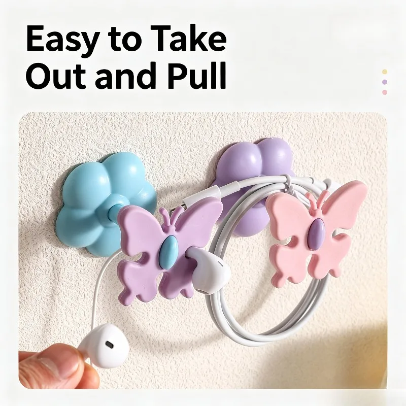 Cute Butterfly Cable Organizer Self Adhesive Wire Holder Wall Desktop Charging Cable Management Hook