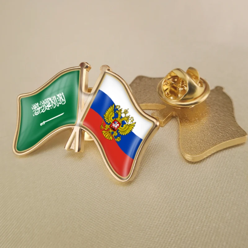 Saudi Arabia and Russian Federation Crossed Double Friendship Flags Lapel Pins Brooch Badges