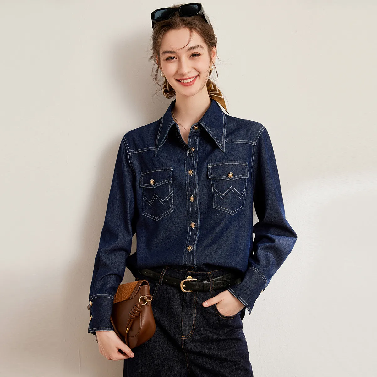 LOUIS YAO Nieuwe Retro Kleur Contrasterende Denim Shirt 2025 Lente Tops Heldere Draad Single Breasted vrouwen Lange Mouwen blouses