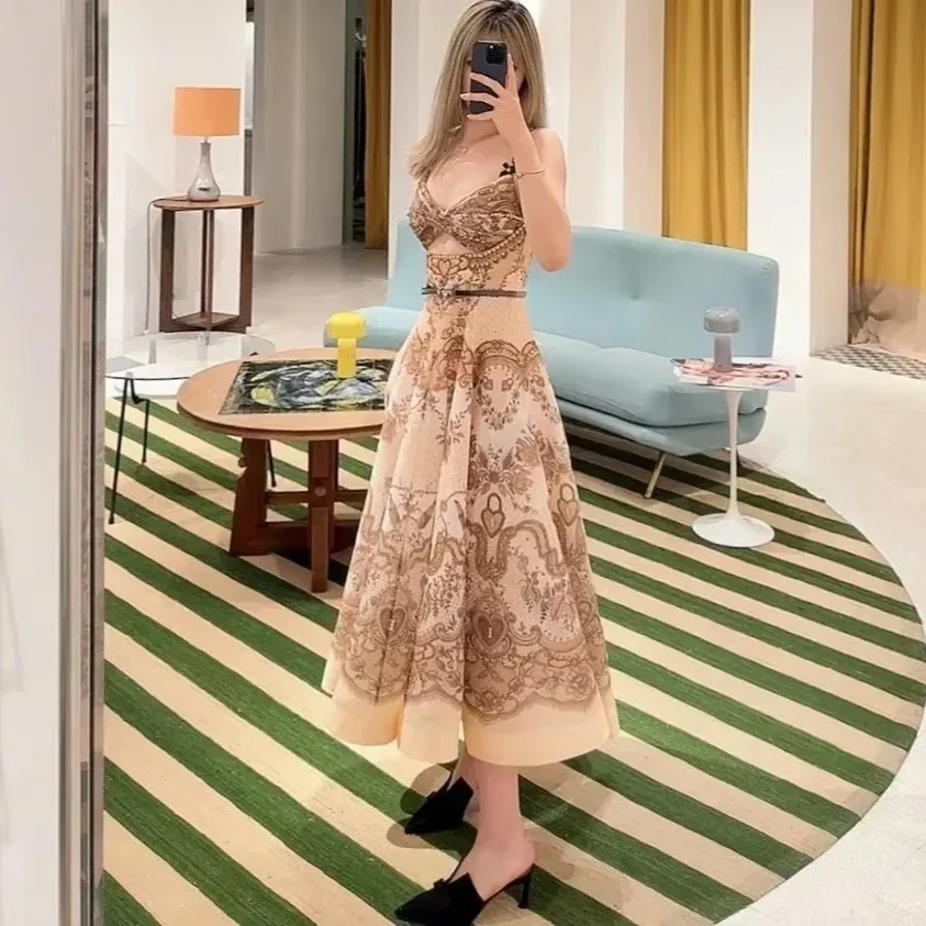 

Highest Quality Version Elegant Floral Print Wedding Dress Silk Linen Sleeveless A-Line High Waist Shoulder Diamonds Vintage