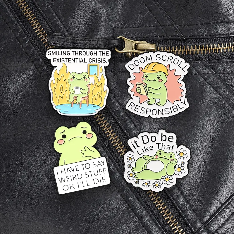 Frog Drinking Coffee In Fire Enamel Pin, Existential Crisis Brooch With Green Frog For Dark Humor And Casual Style