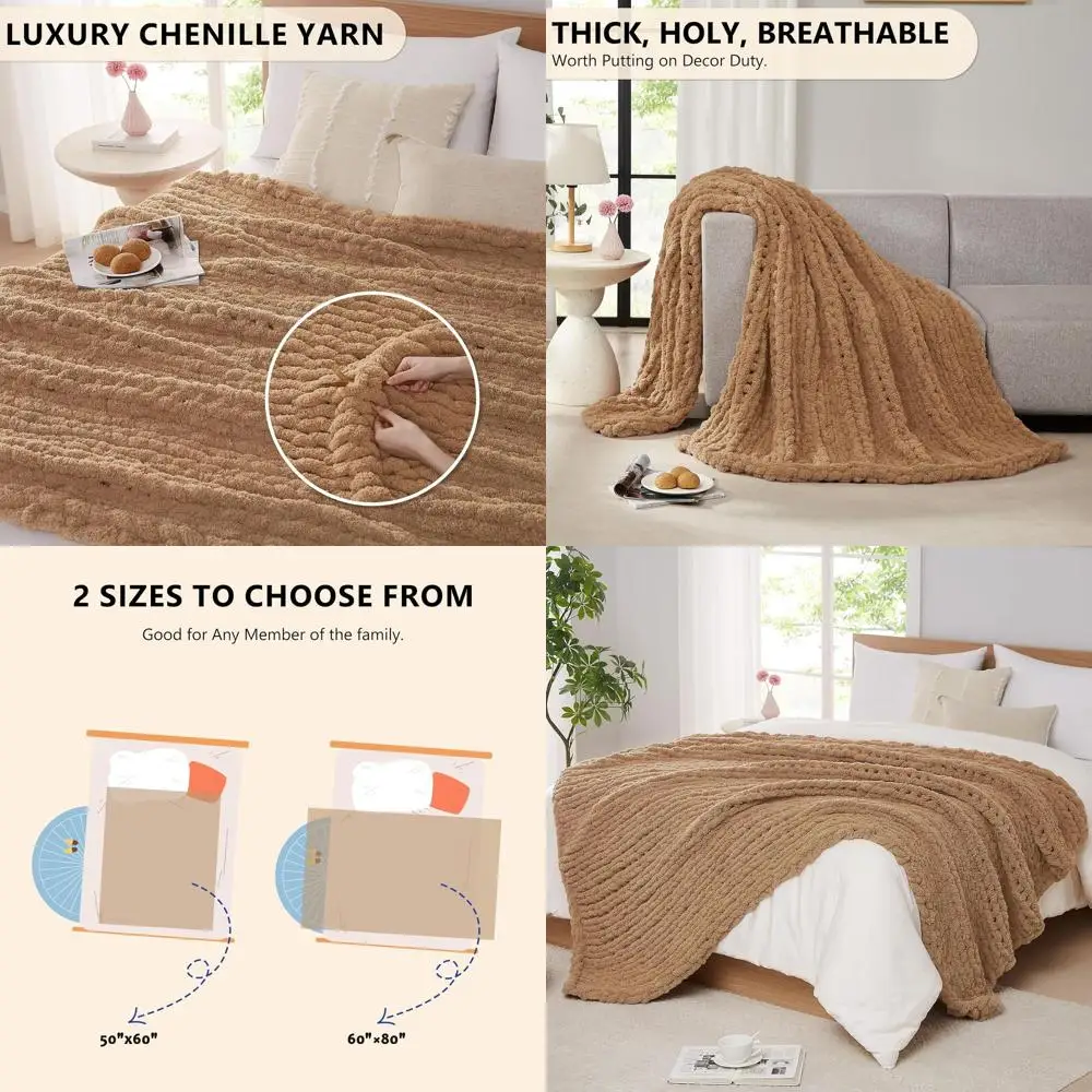 

Large Tan Cable Knit Throw Blanket, 50x60 Inches, Handmade Thick Chenille for Bed or Couch
