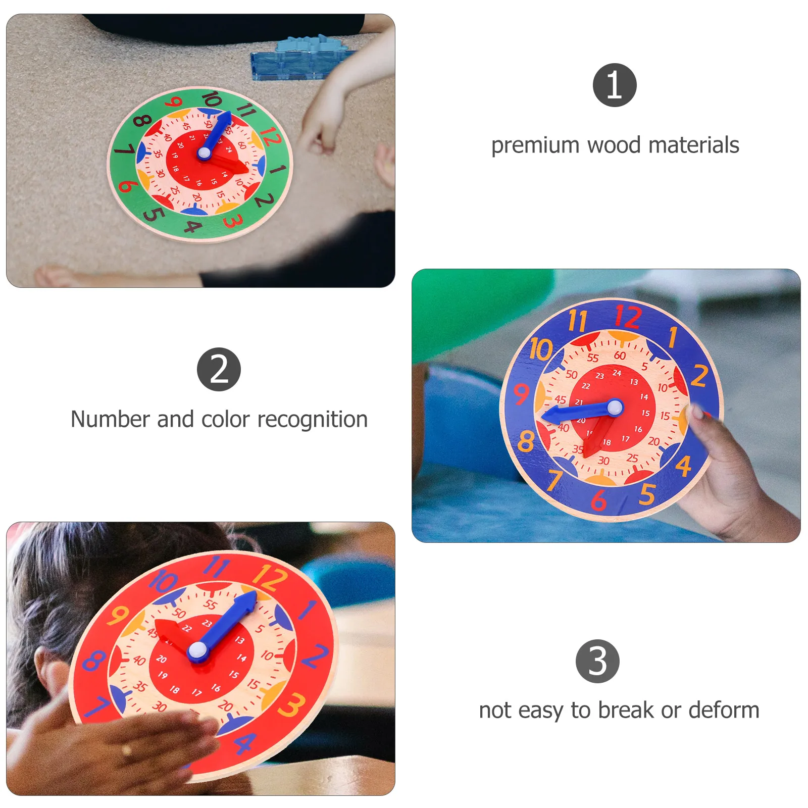 

3Pcs Educational Kids Clock Wooden Learning Time Cognition Teaching Clock for Toddlers Number Recognition Early Learning Gift