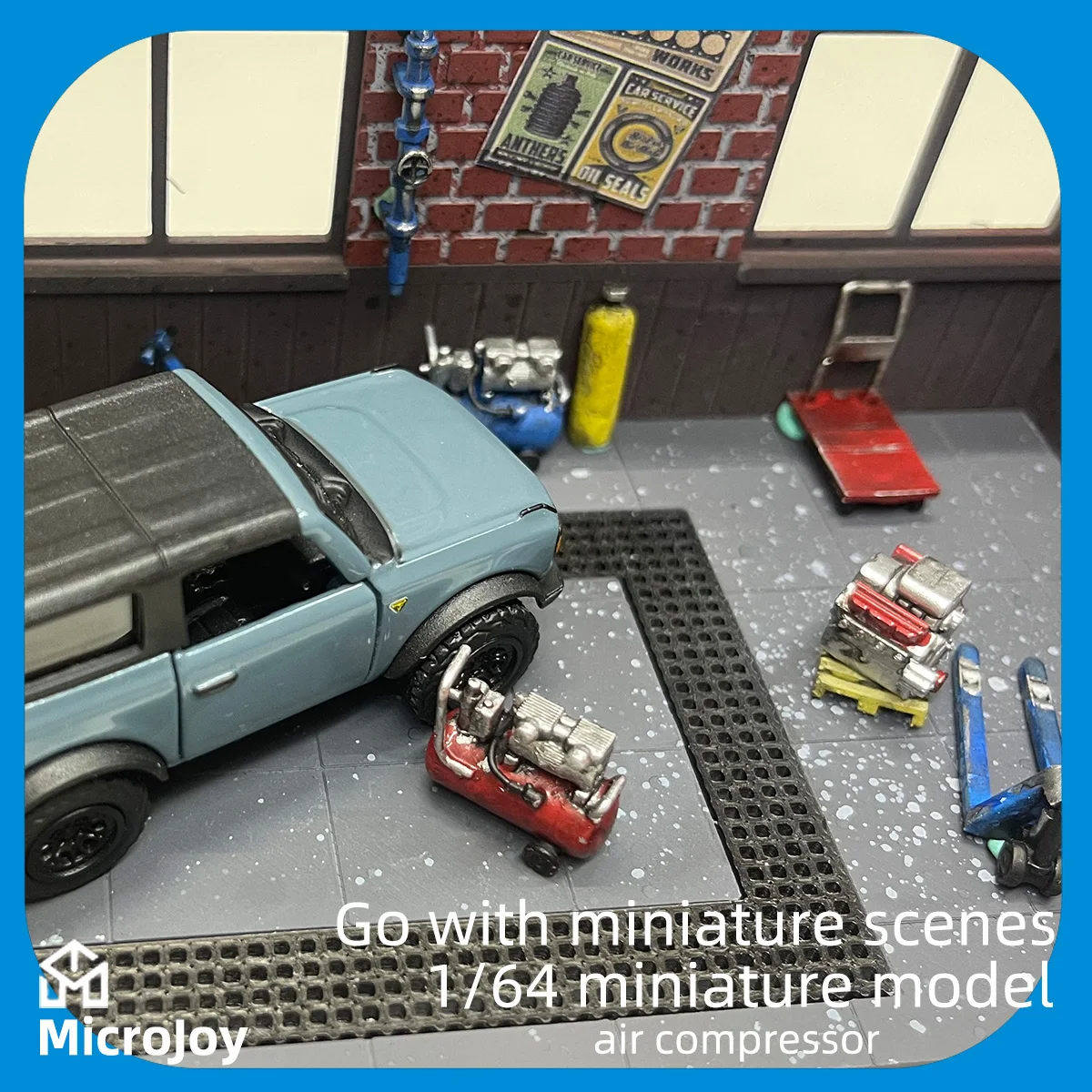 Detailed Scene: 1:64 Scale Miniature Model Repair Shop, Mini Air Compressor Ornament, Car Model Scene with Vintage Decoration
