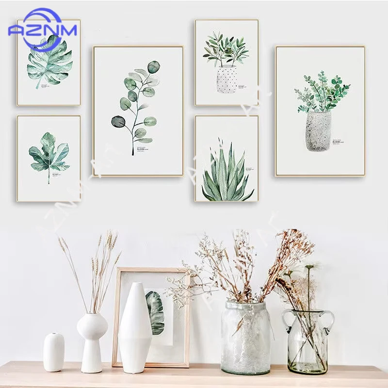 1/6 Stück, nordischer Stil, Aquarell-Pflanzen, Blätter, Leinwand, Poster, Druck, Wandkunst, Malerei, Dekoration, Bilder, minimalistische Heimdekoration