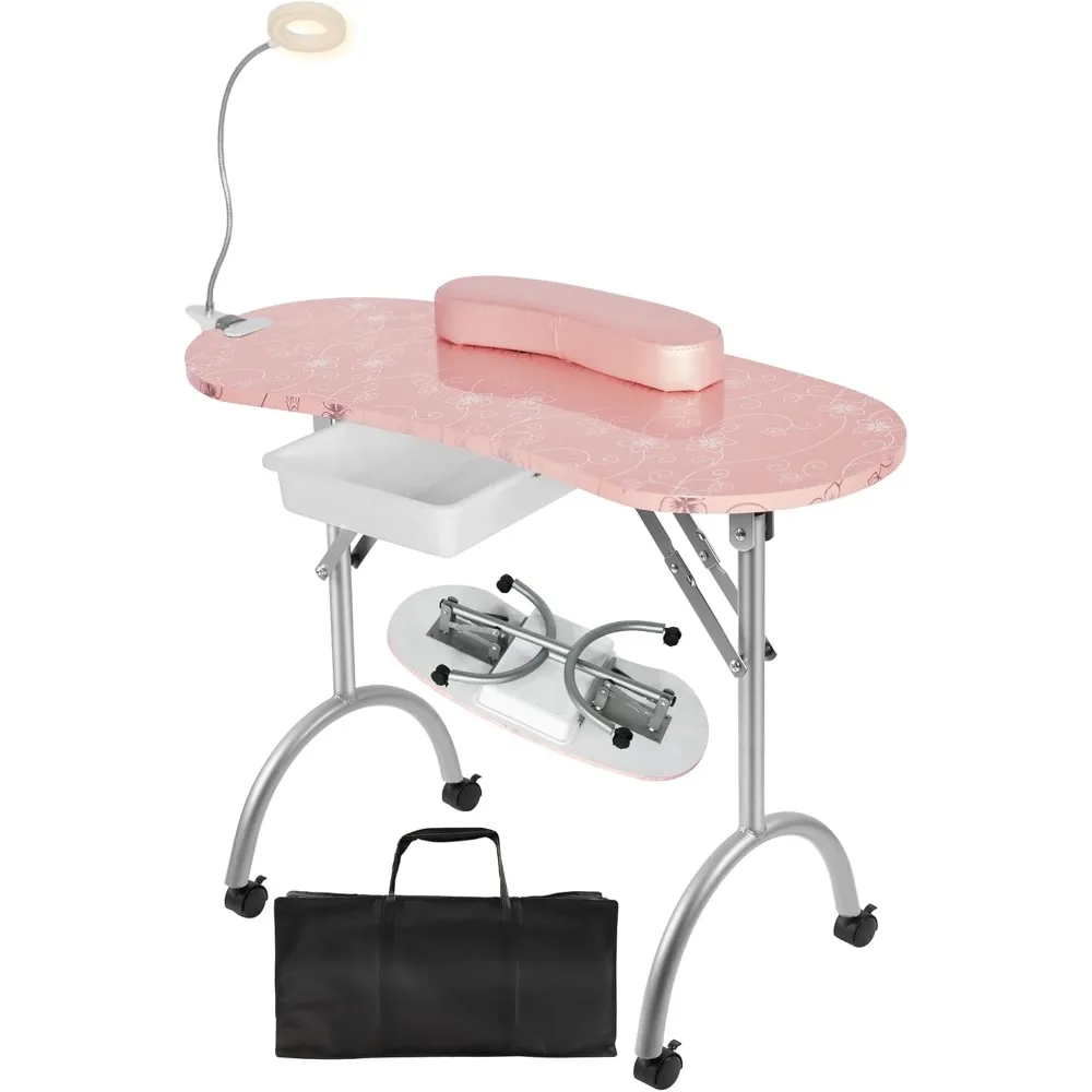 

Portable Manicure Nail Table, Foldable Manicure Table with Drawer, LED Lamp, 4 Lockable Wheels and Carry Bag, Professional