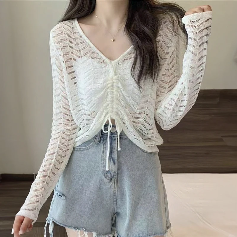 Drawstring Cropped Pointelle Sweater Long Sleeve V-neck Sheer Open-knit Pullovers Women Spring Summer Outfit