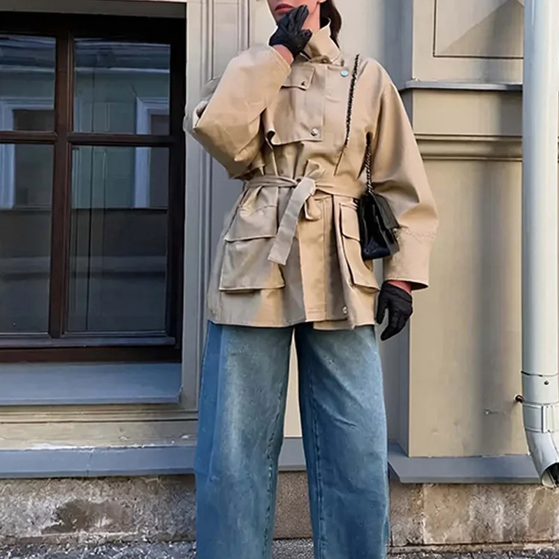 

Осеннее женское модное пальто со шнуровкой и воротником-стойкой в уличном стиле, простая однотонная однобортная куртка с карманом на талии