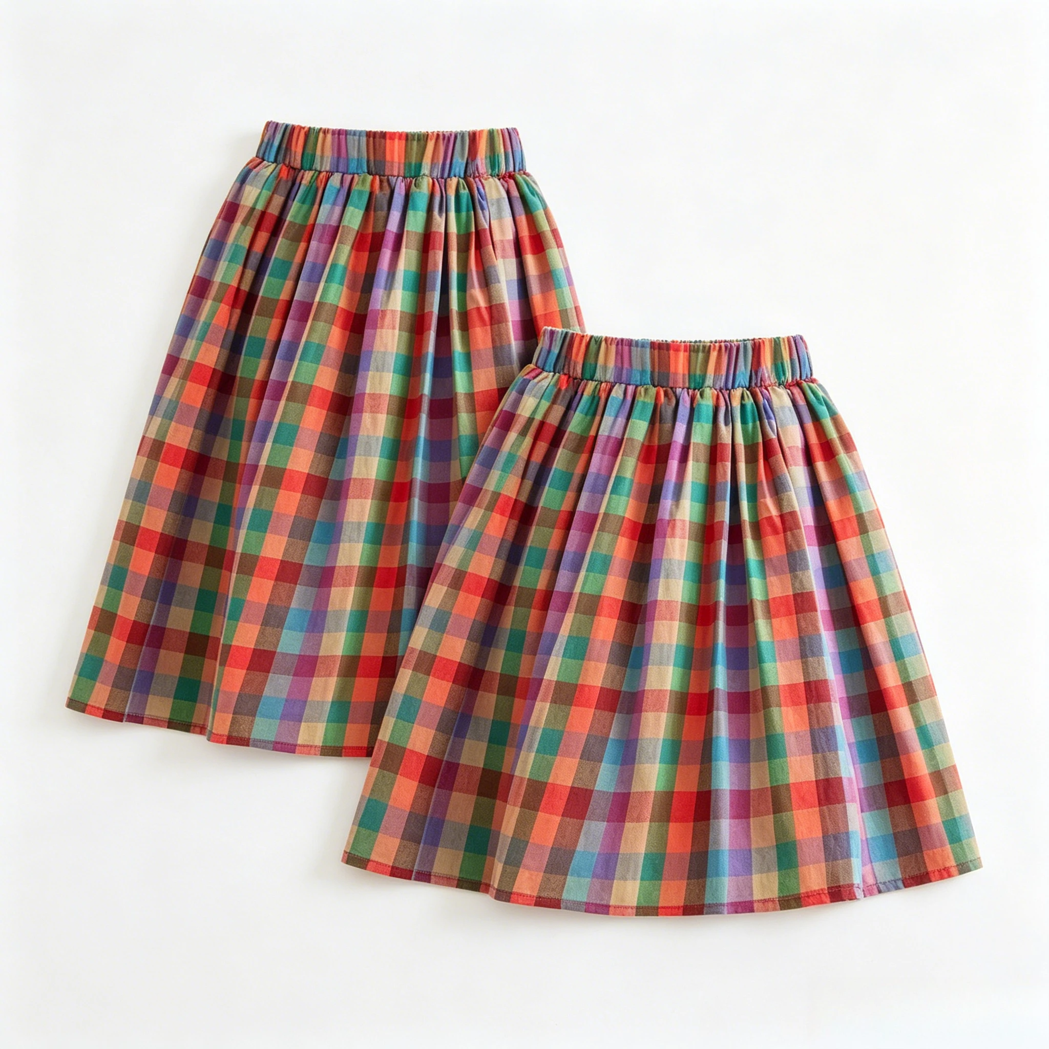 Girls Rainbow Plaid Midi Skirt Elastic Waist A Line Flowy Cotton Skirt For Spring Outdoor Activities Casual Wear