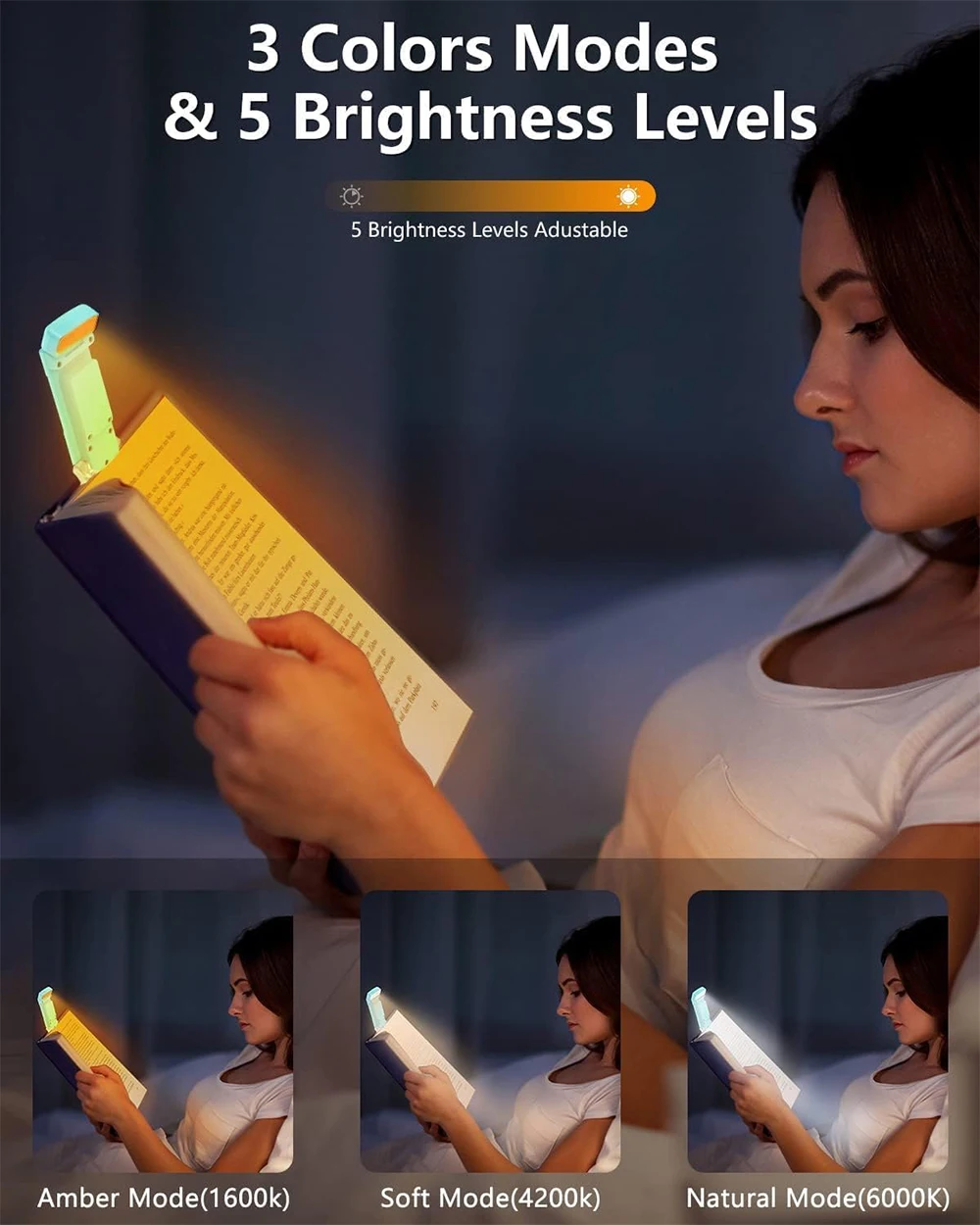 Book Reading Light with Timer Rechargeable Light for Reading in Bed Clip-on Bookmark Lamp 3 Amber Colors 5 Brightness Dimmable